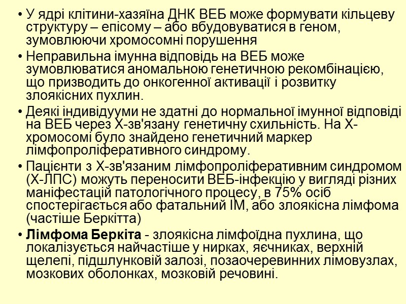 У ядрі клітини-хазяїна ДНК ВЕБ може формувати кільцеву структуру – епісому – або вбудовуватися